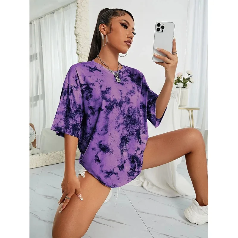 Summer Women Fashion T-shirt Tie Dye Printing V-Neck Tops Tees Female Casual Stylish Short Sleeve Clothing Ladies Vintage Outfit