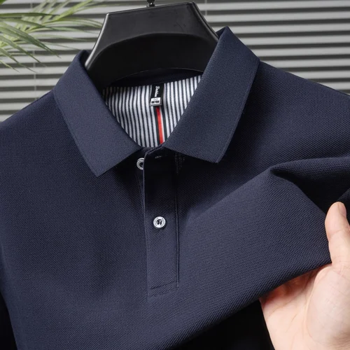 Imagen 1 del producto Polo 100% de algodón puro de manga corta para hombre, camiseta a rayas con cuello en la espalda, moda de boutique de verano, top de alta calidad, color sólido