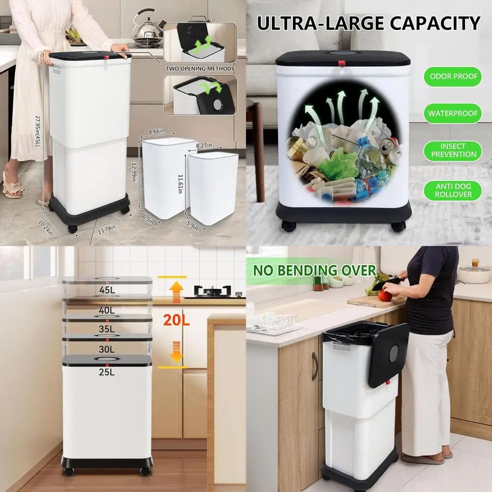 

3-Pack 13 Gallon Kitchen Trash Cans with Lids, 45L Bin for Home, Office, Outdoor Use, Includes 2.2 Gallon Bathroom Trash Cans