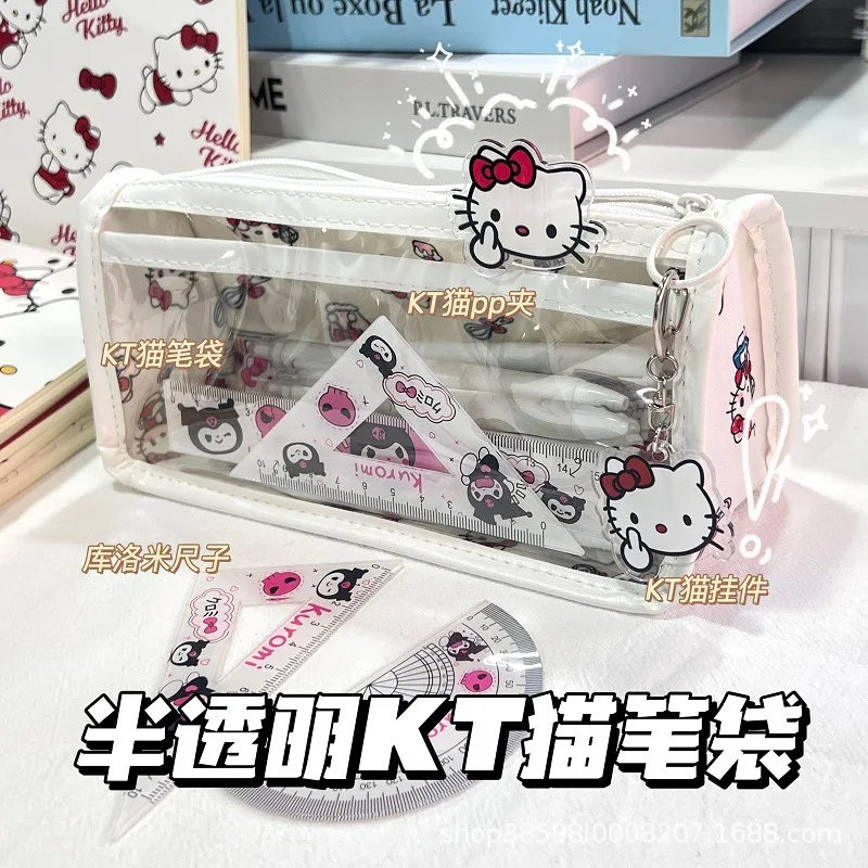 

Sanrio Hello Kitty Makeup Bag Girl Cartoon Cute KT Stationery Storage Pen Bag Multi-layer Large Capacity Translucent Makeup Bag