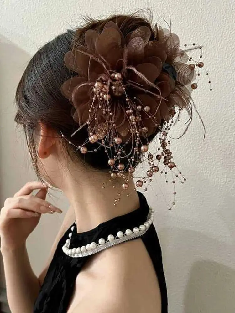 Peony Flower Beaded Tassel Clip Hair Claw Crab For The Back Of The Head Elegancka spinka do włosów dla kobiet Modne nakrycia głowy Akcesoria — zdjęcie 2
