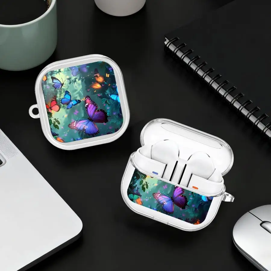 

Clear Earphone Cases Cover With Hook Case For Samsung Galaxy Buds 4Pro 3Pro 2Pro 2 3 FE 4 Pro Live Butterfly Flower