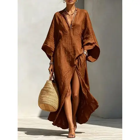 2026 Vintage Kaftan Elbise Derin V Yaka Yarasa Kol Maxi Kaftan Elbise Günlük Bol Yaz Tatili Plaj Örtü Elbisesi Kadınlar