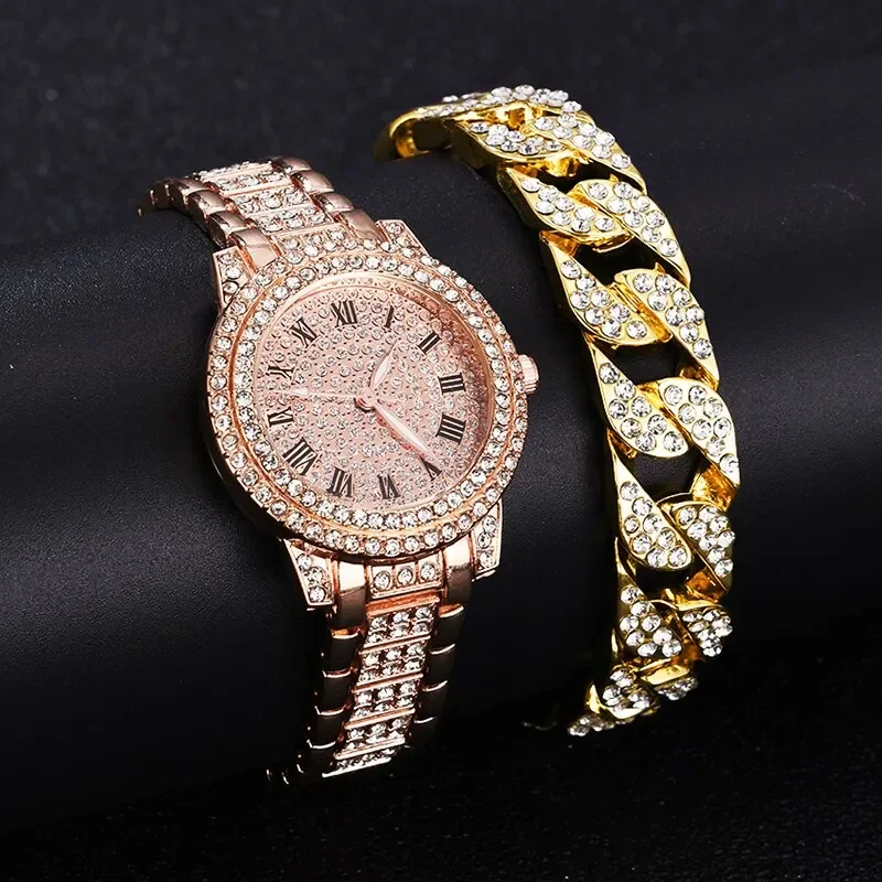 Luxus Frauen Diamant Uhren 1/2 stücke Hip Hop Armband Damen Quarzuhr Rose Gold Frauen Armbanduhr Glänzenden Kristall Reloj mujer