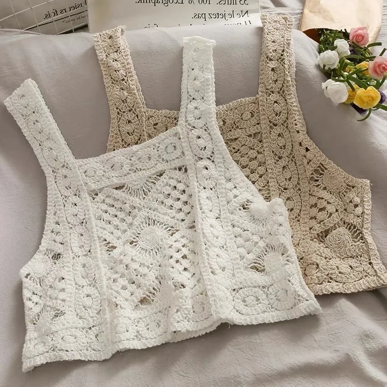 Crochet Knit Tank Top Boho Sheer Open-knit Sleeveless Square Collar Crop Cover Up Women Teengirl Summer Vacation Beach Outfi