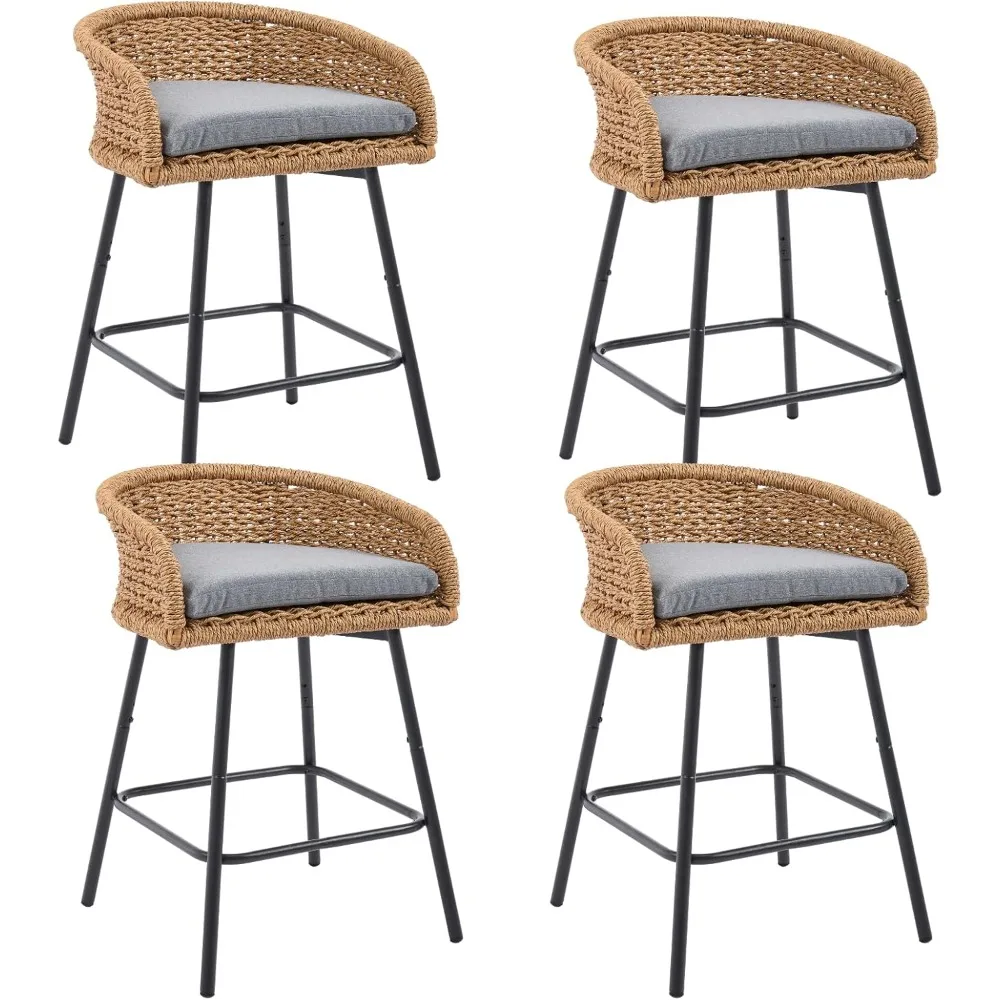

25" Outdoor Counter Height Bar Stools Set of 4, Modern Patio Wicker Bar Chairs with Metal Frame, Woven Barstools with Back and C