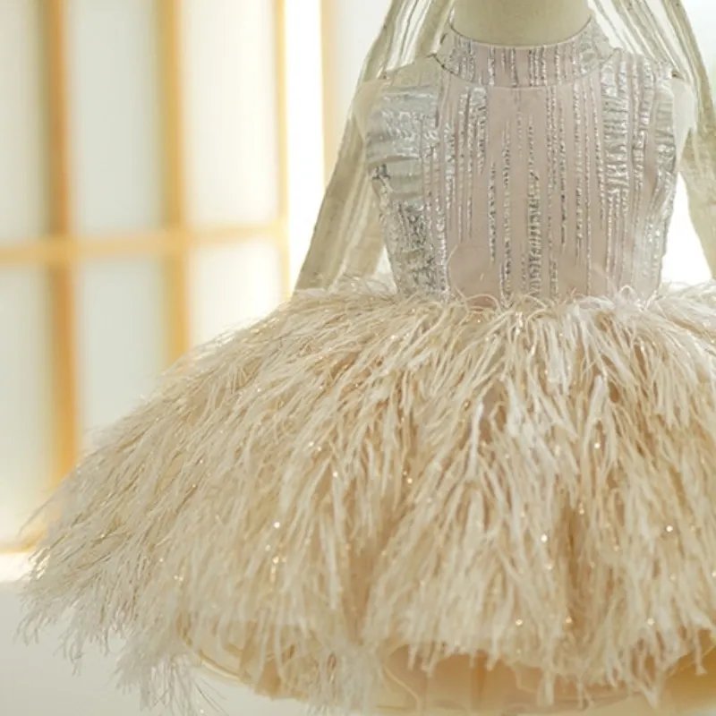 Fashion Baby Girl Princess Bling Feather Dress Infant Toddler Child Bow Vestido Party Pageant Birthday Ball Gown 12M-14Y