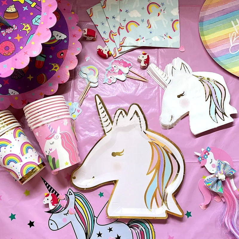 Louça Descartável Arco-íris para Meninas, Pratos De Papel, Copos, Guardanapo, Unicornio, Decoração De Festa De Aniversário, Tema Arco-íris, Fontes De Festa