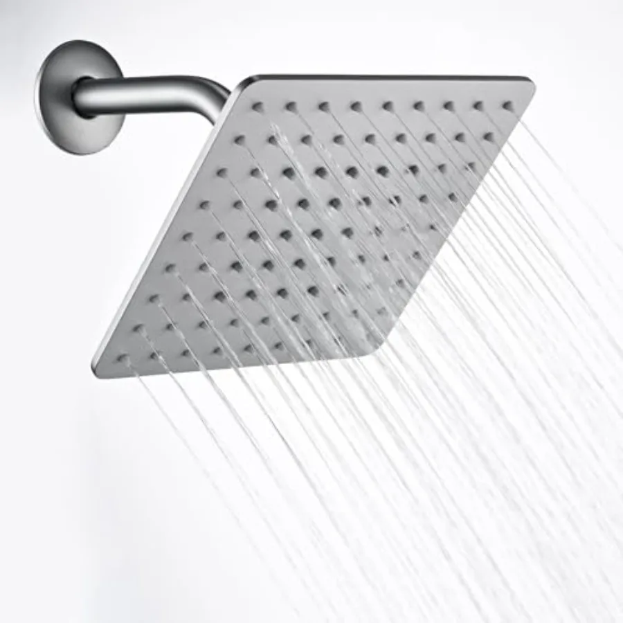 

Square Rain Shower Head Set with Ultra-Thin High Flow Stainless Steel 8-Inch Brushed Nickel Shower Arm and Flange for Modern Ba