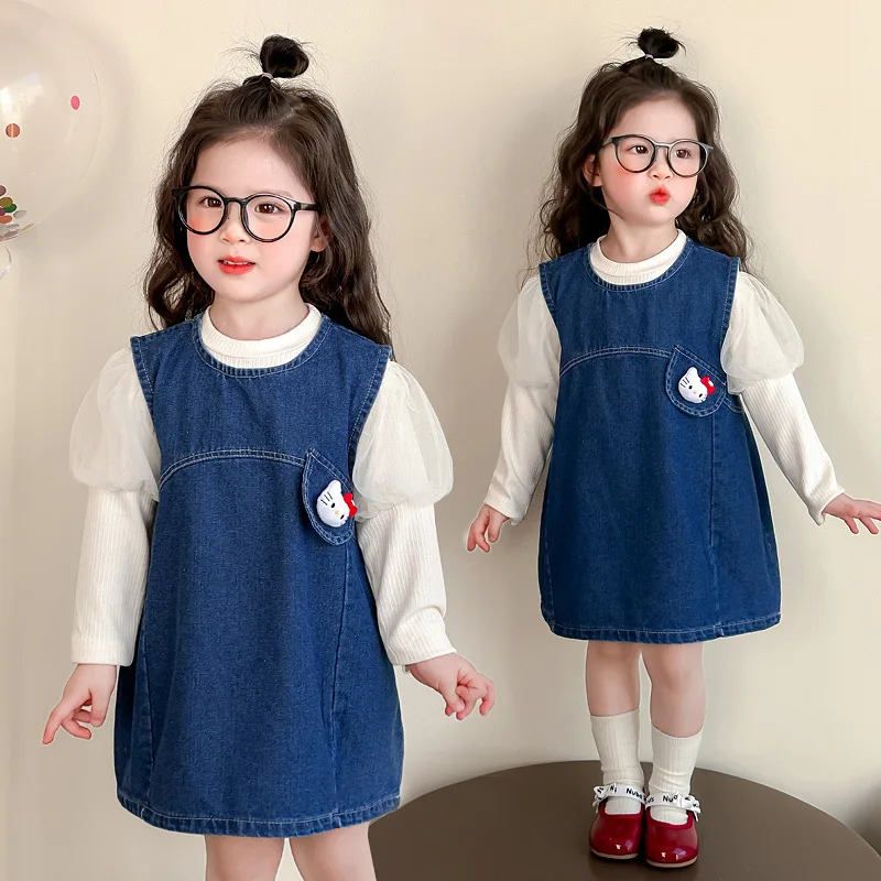 الفتيات الدنيم تنورة دعوى سانريو ربيع 2025 مرحبا كيتي ملابس الأطفال العصرية طفلة القط ربيع الخريف قطعتين مجموعة #2