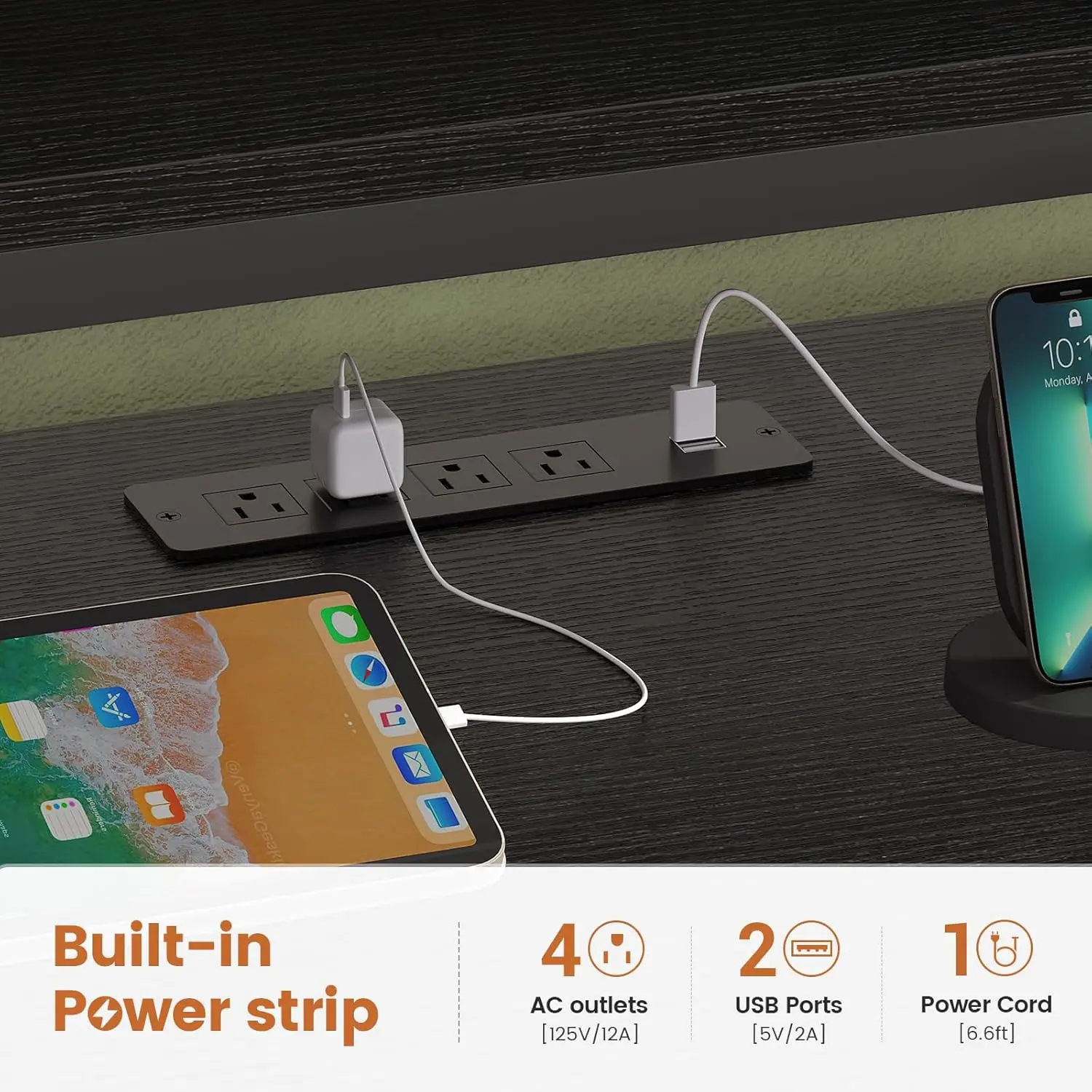 Computer Desk with Power Outlets, 81.9in Home Office Desk with Monitor Stand, Gaming Desk with LED Light