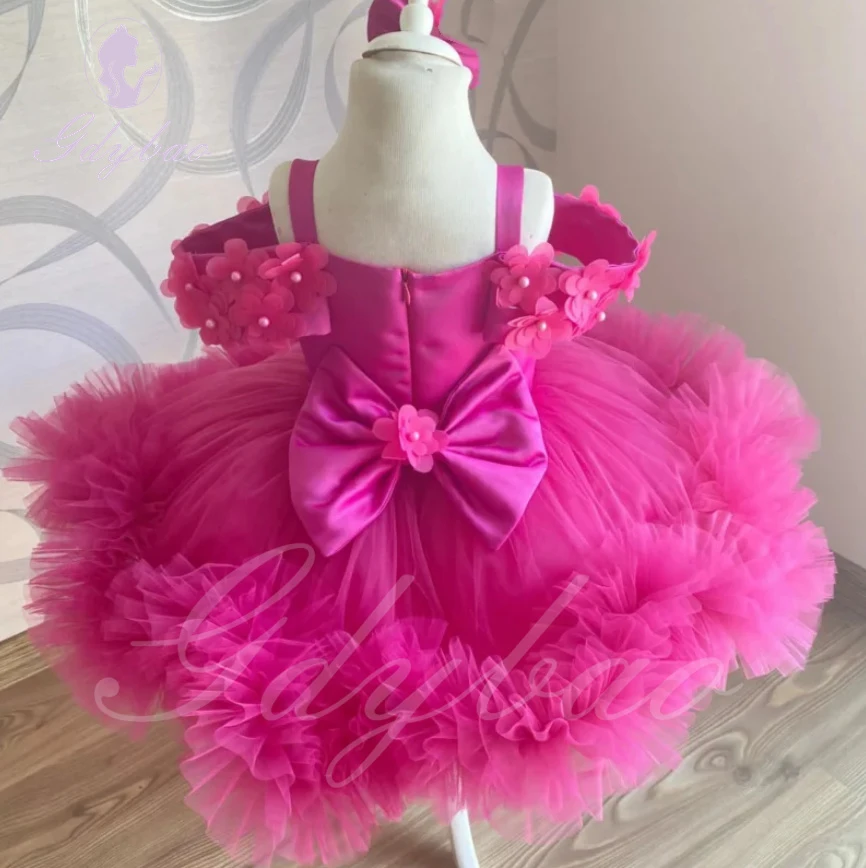 Hot Pink Applique Flower Girl Dress For Wedding Pleated Suspenders Puffy Tulle With Bow Kids Birthday Baby Party Ball Gown