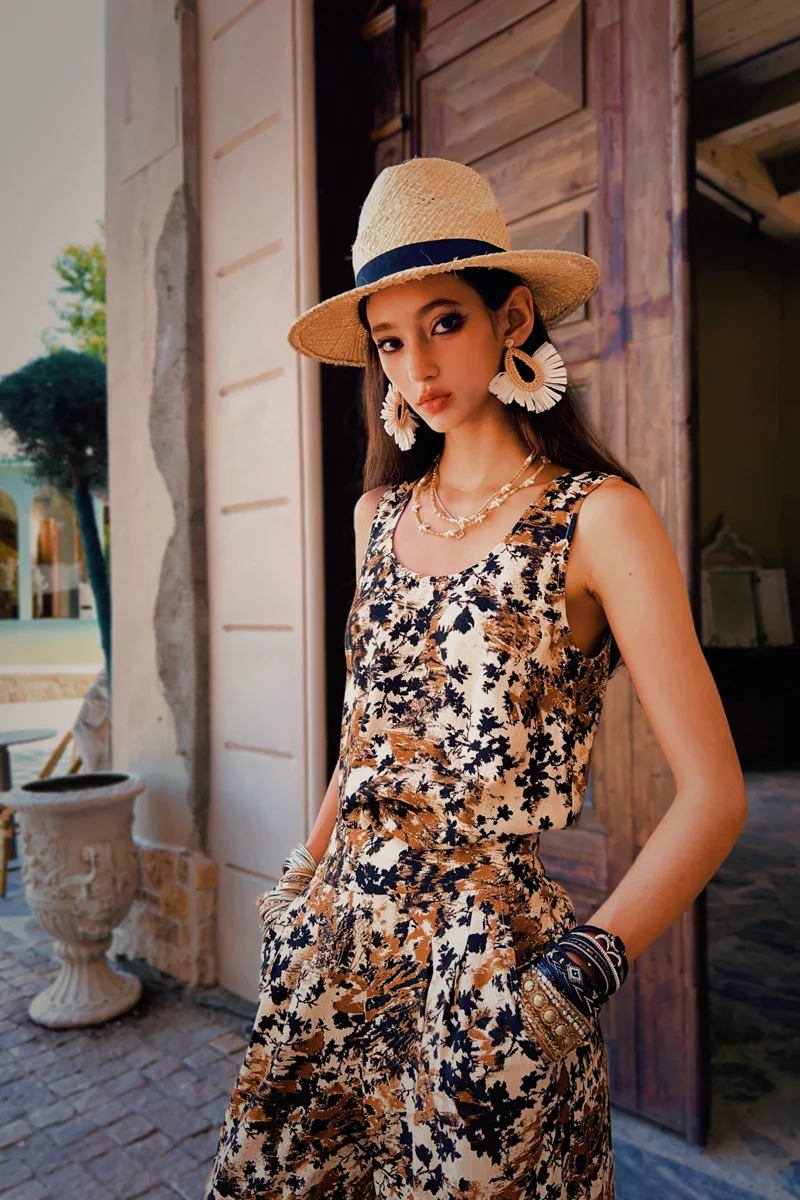Summer Print Tank Neck-Mounted Women's Top Basics Vest Spaghetti Strap+Wide-Leg Pants Separately Y2K 2025 New DABUWAWA DM2ACM002