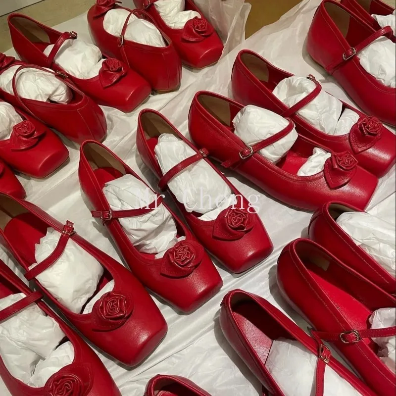 

2024 Ballet Red Footwear Mary Janes Silk Women Flats With Shoes Female Soft Fashion Buckle Shallow Ladies Lolita Dance Shoes