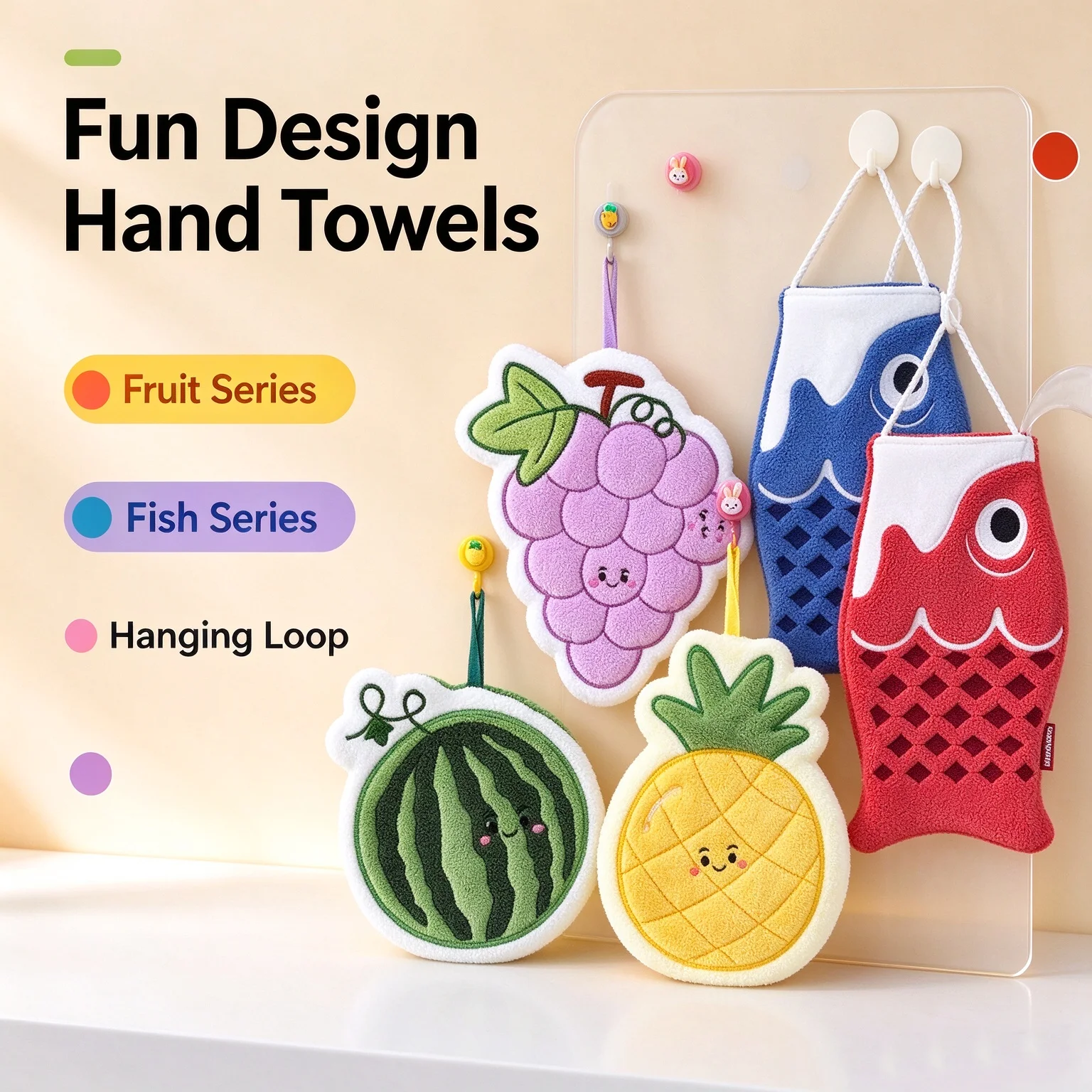 1/2pcs Cartoon Koi/Fruit-Shaped Hand Towel with Hanging Design – Perfect for Children’s Bathrooms