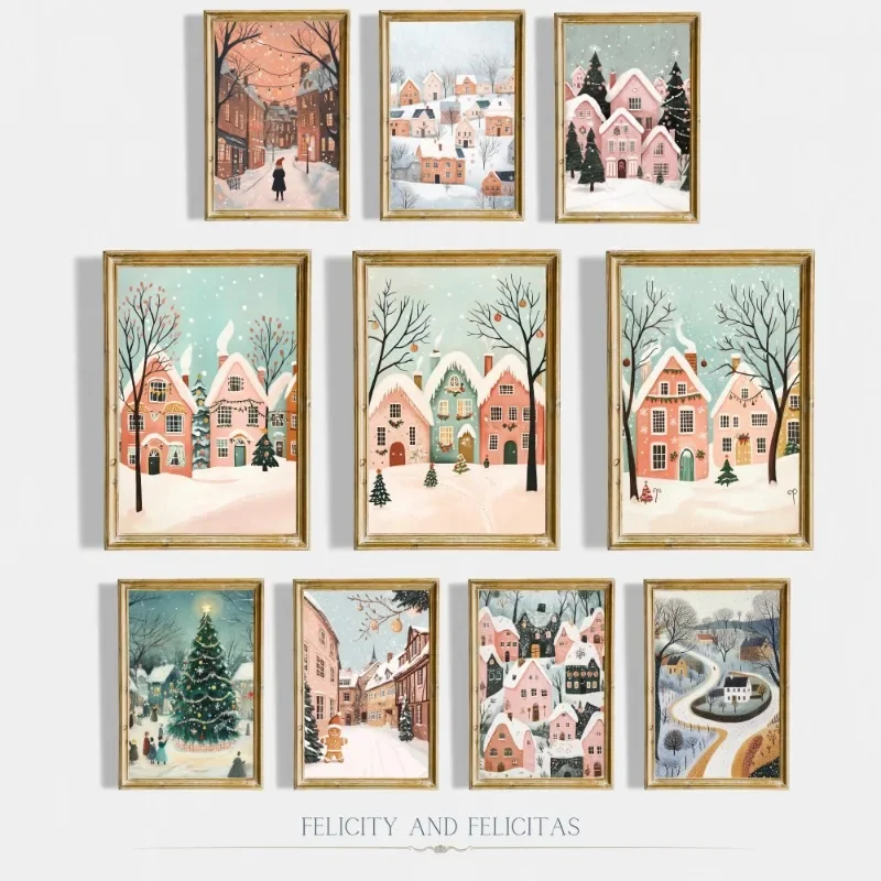 Modern Cute Pink Christmas Cozy Winter Village Town Poster Celebrate Festival Canvas Painting Wall Art Farmhouse Room Home Decor