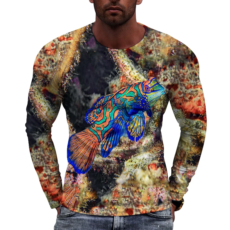 Mandarin Fish Pattern 3d Printing Men's Long Sleeve T-Shirt Marine Fish Personality Hip Hop Creative Trend Casual Loose Clothing