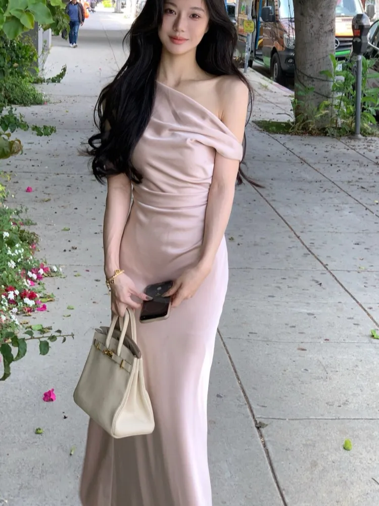 Women's Elegant Solid Evening Party Dresses Summer Fashion Korean Graduation Formal Dress Off Shoulder Slim Vestidos Clothing