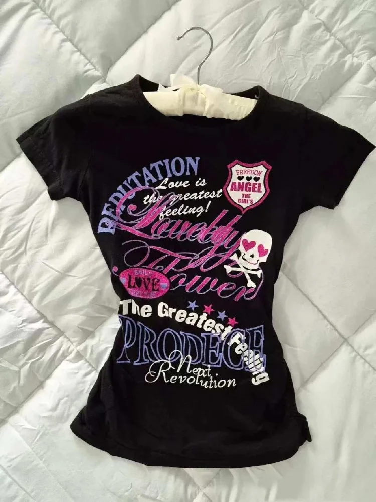 

Cute Colorful Skull Short Sleeved T-shirt for Women O-neck Slim Fit All-match Tops Mujer 2025 Summer New Black Tee Shirt