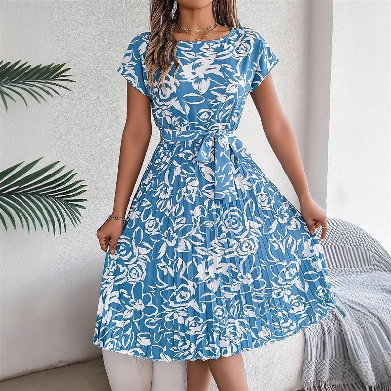 Women's Clothing 2025 Summer New Casual Short-sleeved Floral Strap Dress Pleated Skirt Fashion O Neck Casual Dresses Robe Femme