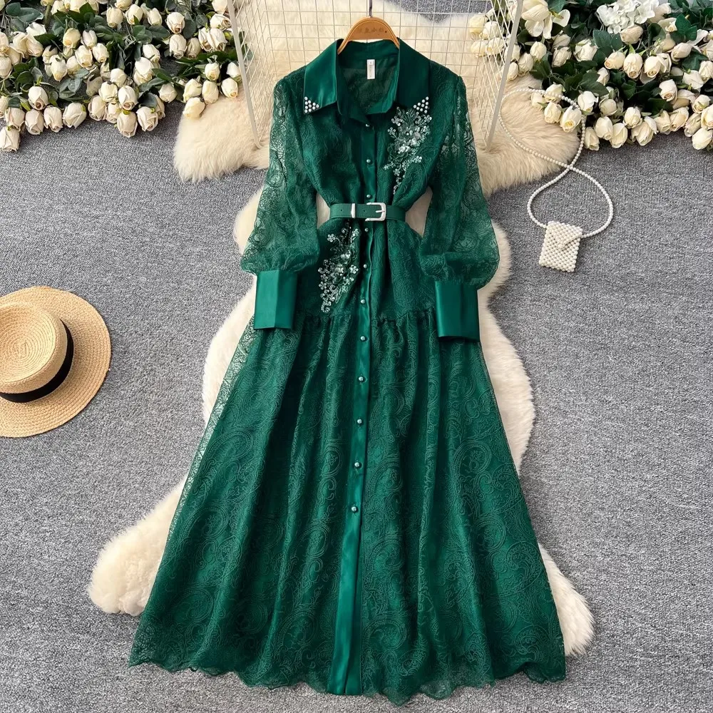 

Spring Autumn Luxury Beaded Women's Dress New Lace Embroidery Lapel Long Lantern Sleeves Single Breasted Party Birthday Dress