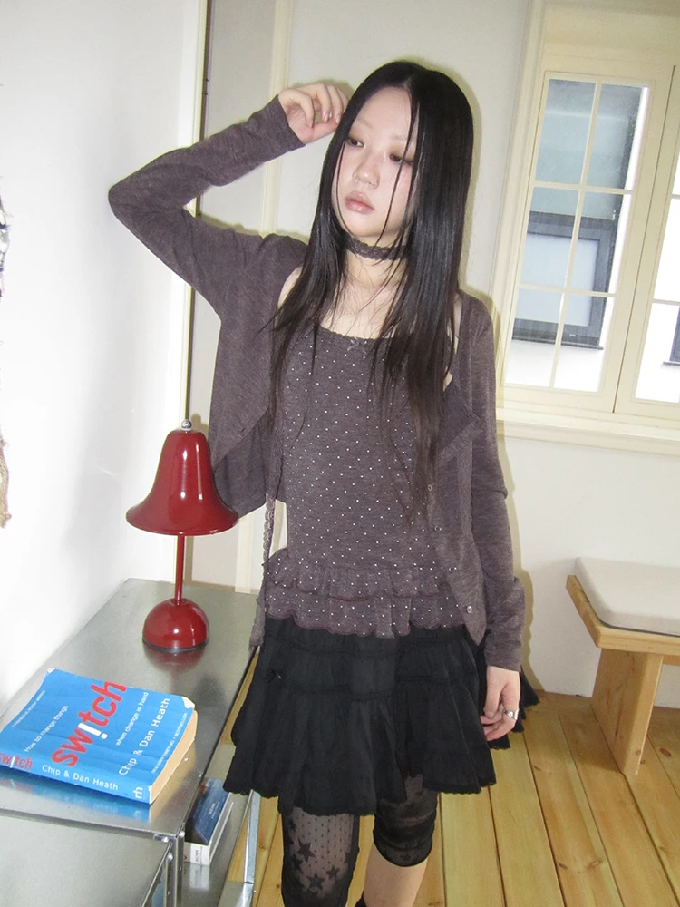 

2026 Vintage 2 Piece Sets Women Y2k Crop Tops Retro Print T Shirt + Cardigan Blouse SubCulture Slim Korean Suits Gothic Grunge