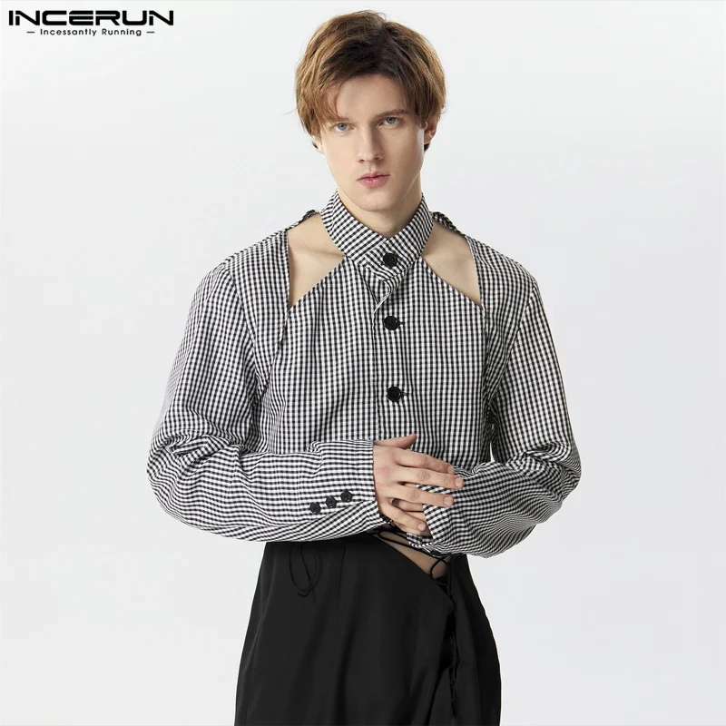 INCERUN 2024 Men\'s Plaid Shirt Stand Collar Long Sleeve Button Hollow Out Fashion Male Crop Tops Streetwear Casual Camisas S-5XL