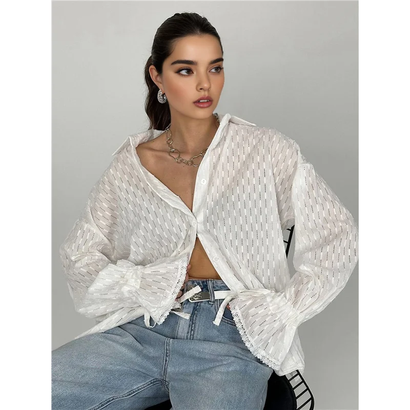 

CGS-Long Sleeve Shirts For Women Western Shirts White Button Down Shirt Oversized Long Puff Sleeve Blouse Shirt