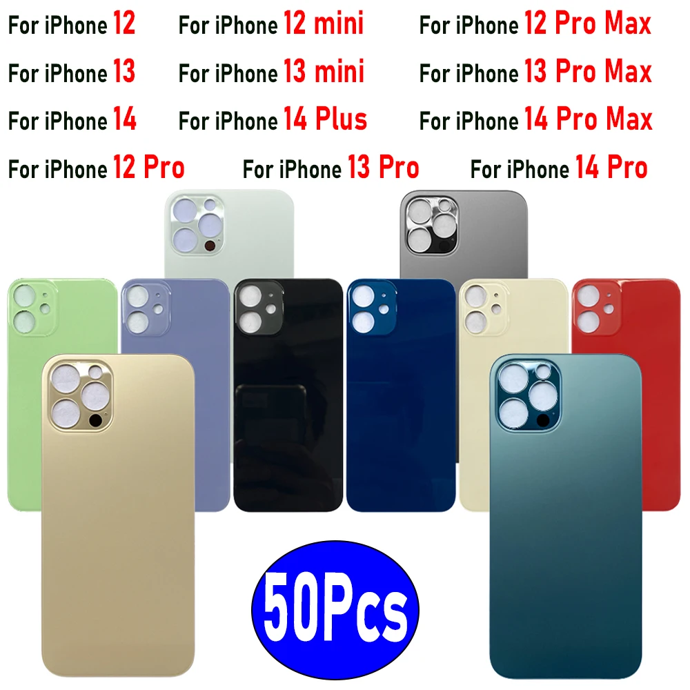 50Pcs,Big Hole NEW Battery Back Glass Cover Housing Case With Sticker For iPhone 12 mini 13 Pro 14 8 Plus 15 11 Pro Max