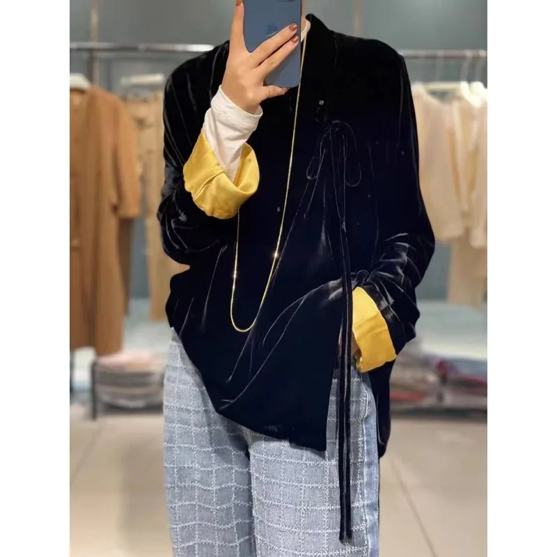 

Модные новые топы в китайском стиле на осень и зиму, новые топы в стиле ретро, женские дизайнерские нишевые топы с китайской пластиной и пуговицами, золотые бархатные топы