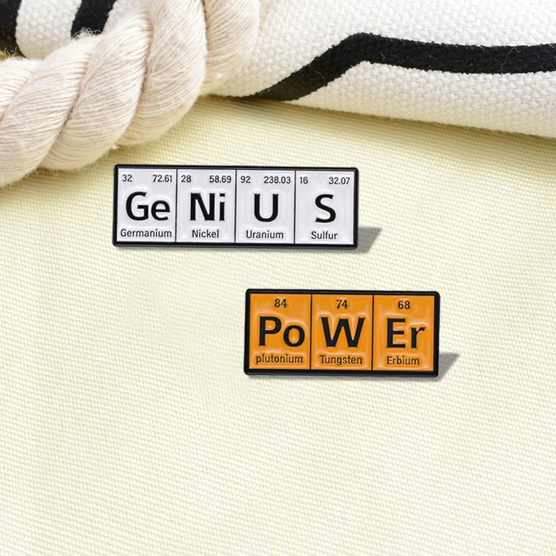 Chemical Element Enamel Pins Custom PO W ER GE NI U S Punk Brooches Lapel Badges Subject Jewelry Gift for students Friends