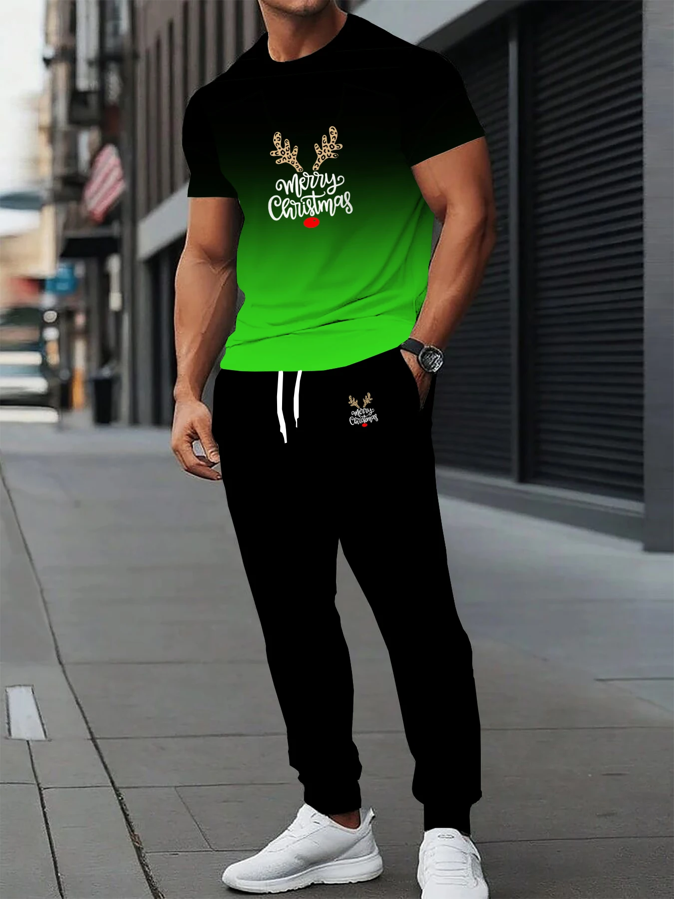 

Summer new men's casual sports suit breathable quick drying polyester fiber round neck T-shirt long pants 2-piece set