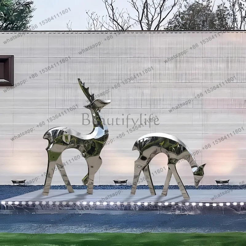 Stainless steel geometric mirror deer sculpture Sales office garden lawn decoration villa courtyard large floor ornaments