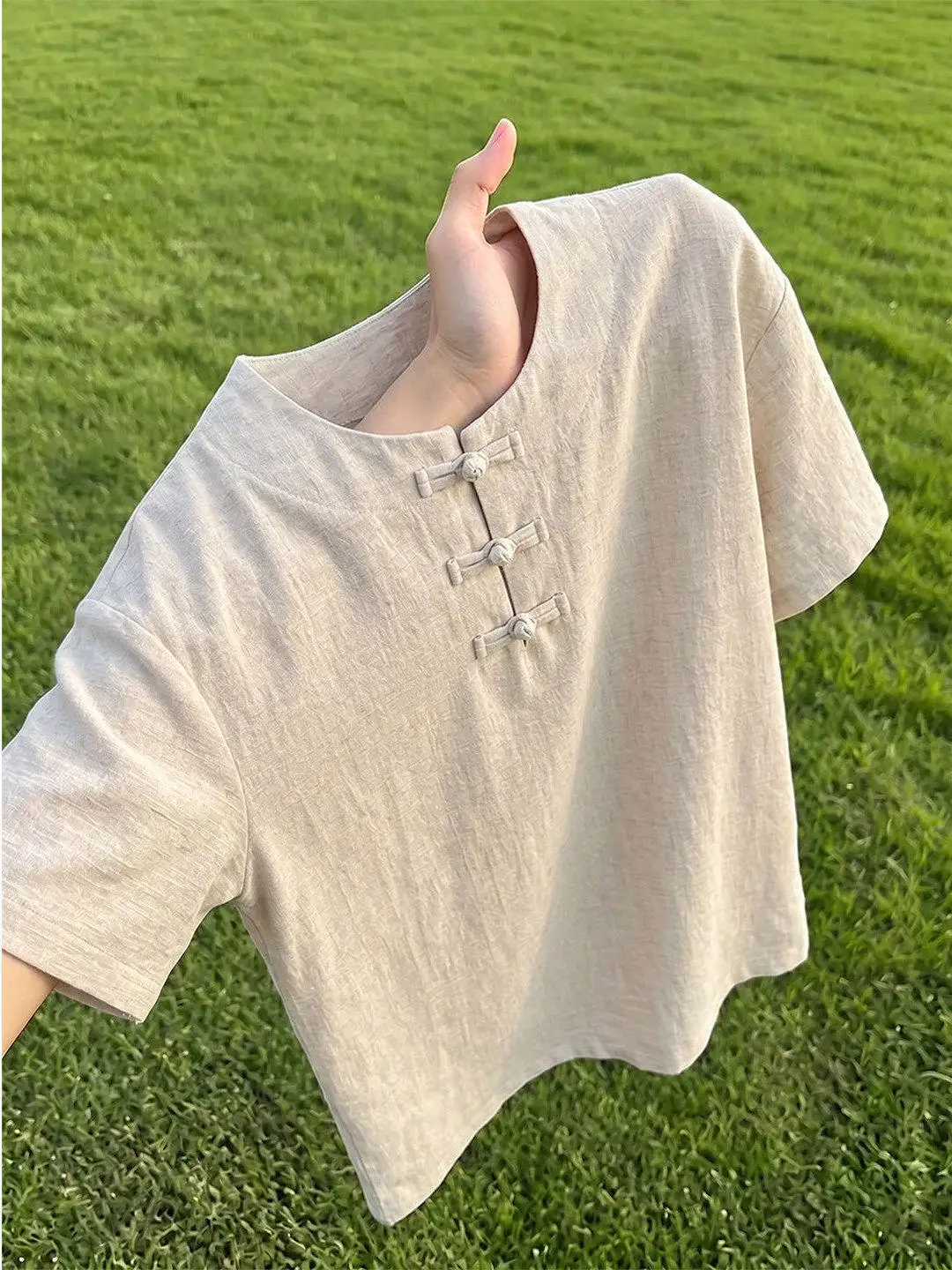 New Chinese Style Men's Short Sleeve T-Shirt Linen Simulation Breathable Lightweight Cotton Linen Henry Collar Summer Top
