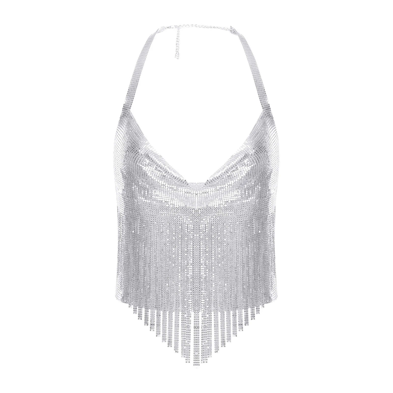 여성 패션 스팽글 캐미솔 핫 홀터 반짝 이는 메탈릭 Tassels 백 레스 크롭 탑 나이트 클럽 레이브 파티 뮤지컬 축제