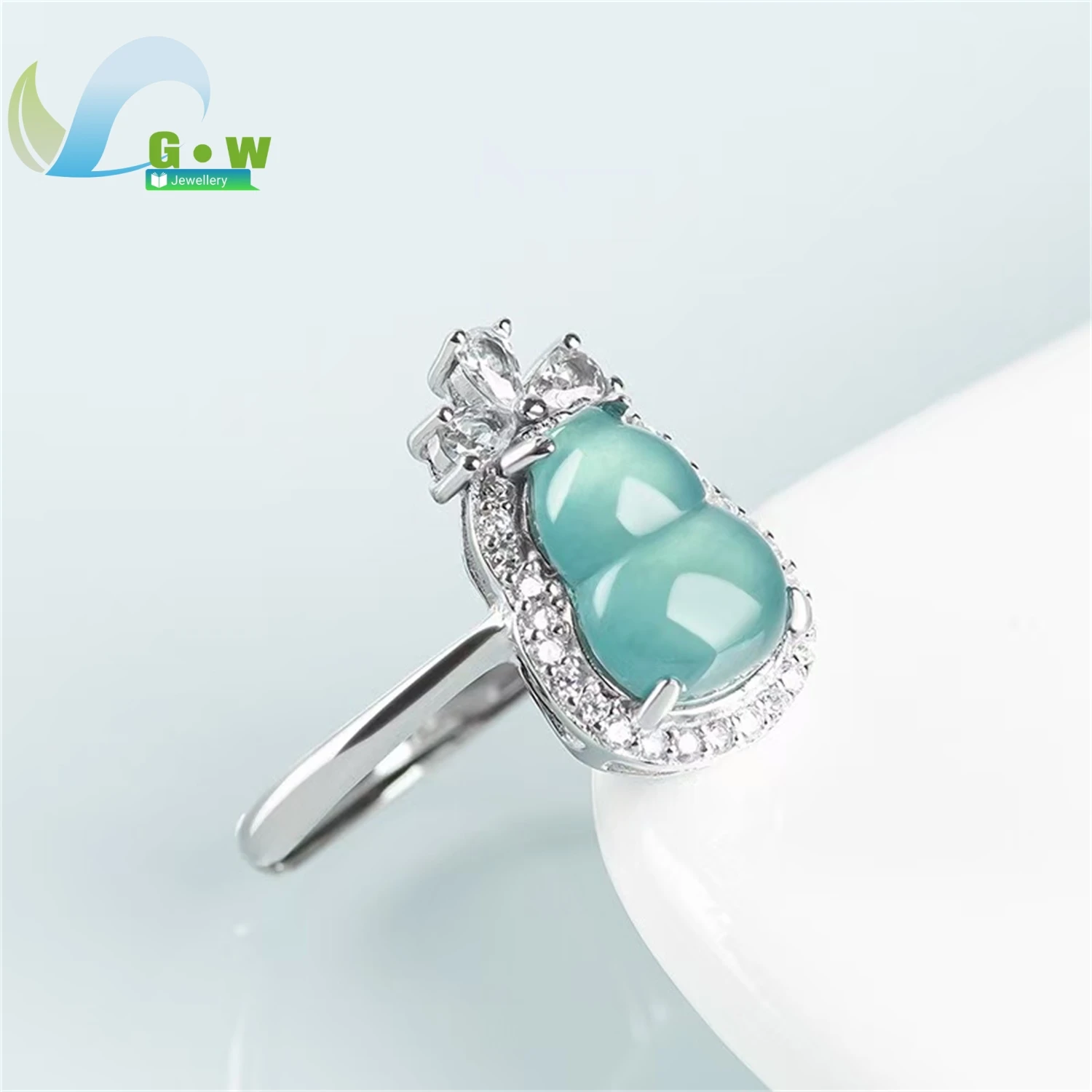 Natural Grade A Jadeite Blue Water Ice Type Gourd Ring Women Open Adjustable Band Fashion Gemstone Finger Jewelry Lucky Charm