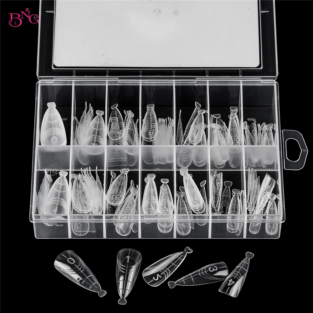 BNG 140Pcs Dual Nail Forms Poly Extension Gel Nails Full Cover Nail Tip Builder Molds 14 Sizes Clear Almond for Solid Nail Gel