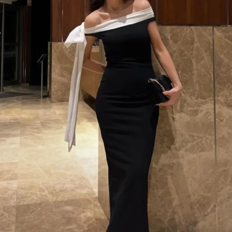 Big Bow Contrast Color Strapless Party Dresses Women's Vintage Off-Shoulder Long Tube Bodycon Dress For Evening Gown Vestidos
