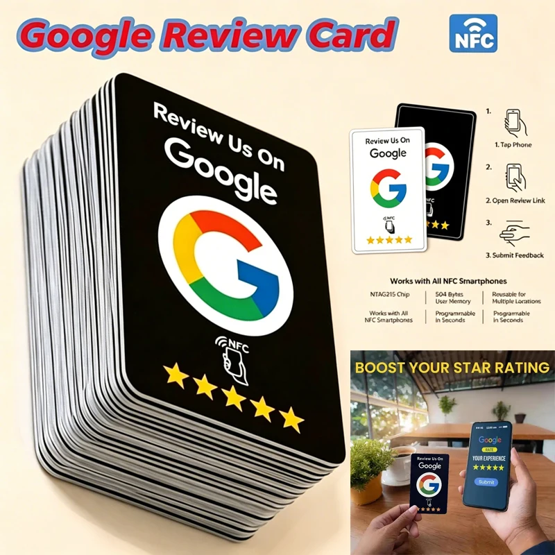 1-50Pcs ///Black Premium Wear‑Resistant Matte Finish Reusable Google Review Tap NFC Card Programmable NFC Tap Card User‑Friendly