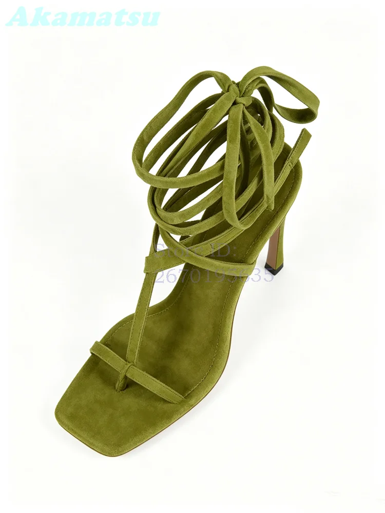 Olive Green Suede Sandals Square Toe Flip-flop Wrap Around Ankle Straps High Heels 2026 Summer Lace Up Stiletto Dress Women Shoe