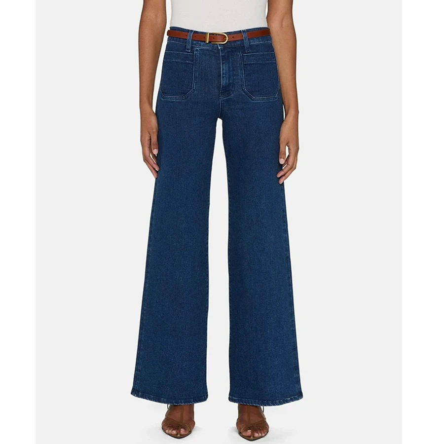 

Maxdutti Minimalist And Elegant Lyocell High Waisted Front Pocket Mid Line Wide Leg Flared Jeans Denim Pants For Woman Clothing