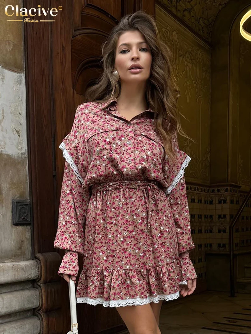 

Clacive Fashion Loose Print Women's Dress 2024 Vintage Lapel Long Sleeve Mini Dresses Elegant High Waist Lace-Up Female Dress