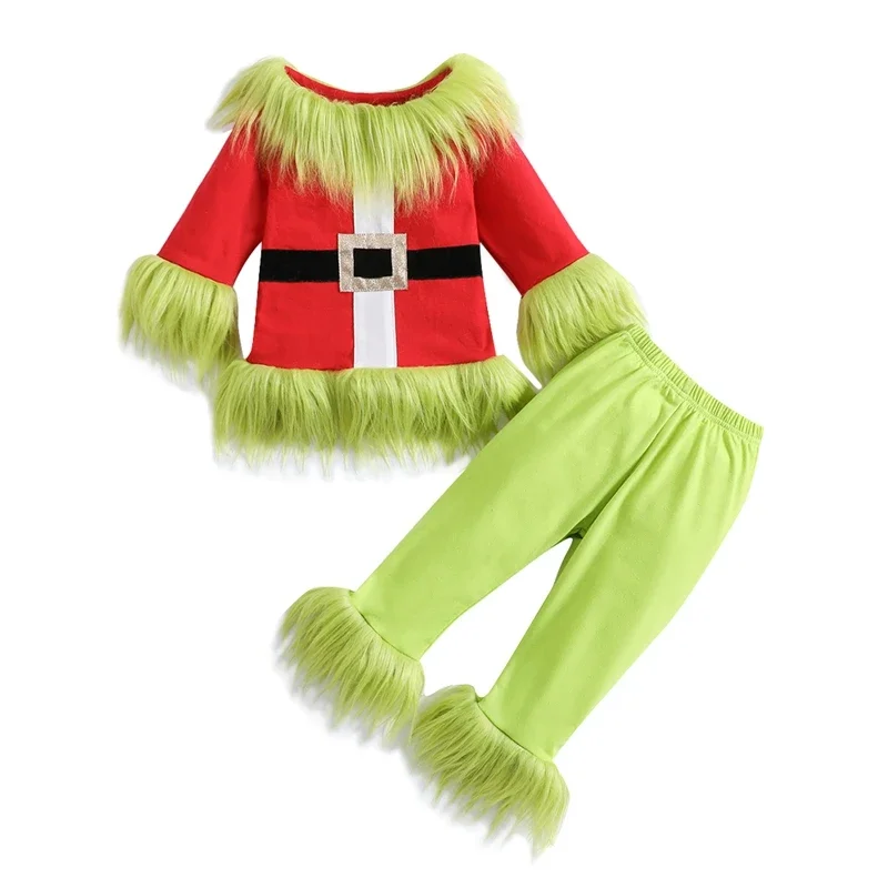 1-5Y Kids Christmas Pants Set Boys Girls Plush Tops Elastic Waist Pants Outfits Child 2 Piece Fuzzy Suits Xmas Costume