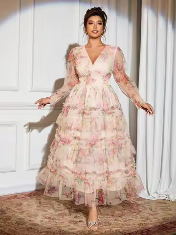 Floral Print Plus Size Maxi Dress with V Neck &amp; Ruffles for Evening Party, Wedding, Date