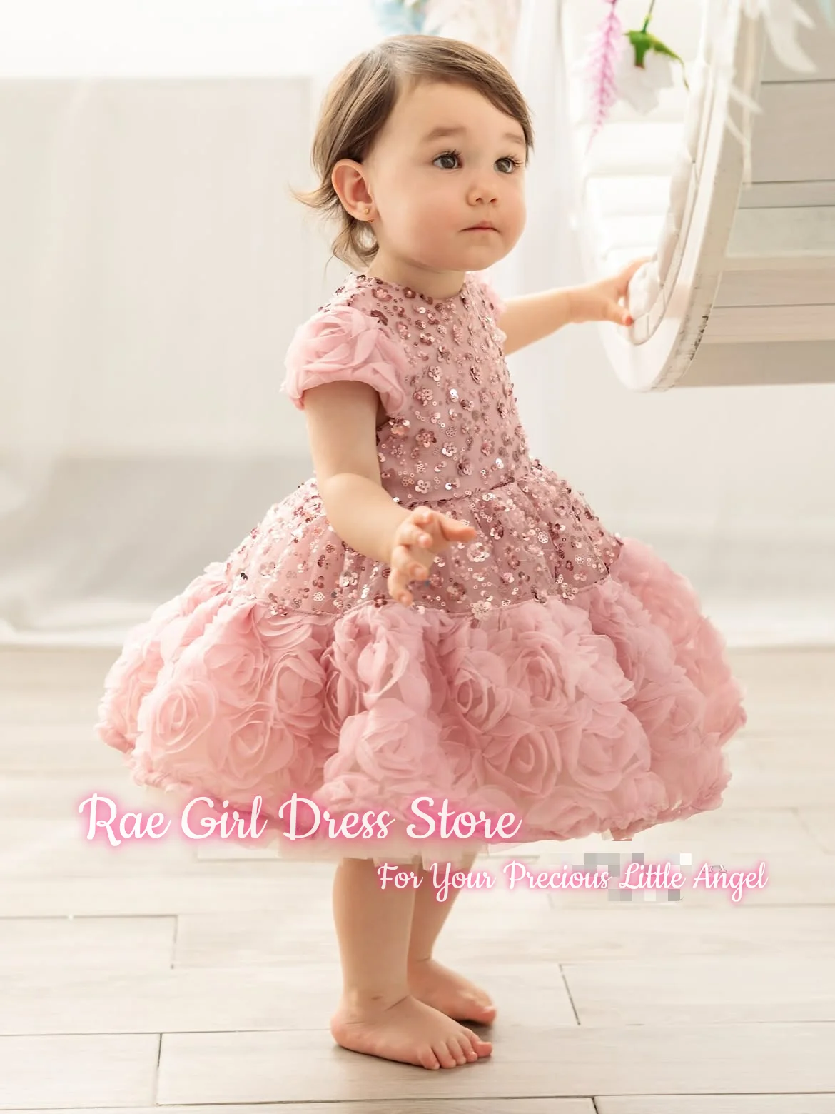 Cute Flower Girl Dress For Wedding Birthday First Communion A Line Short Length Puffy Tulle Gown Sequin Bodice 3D Rose