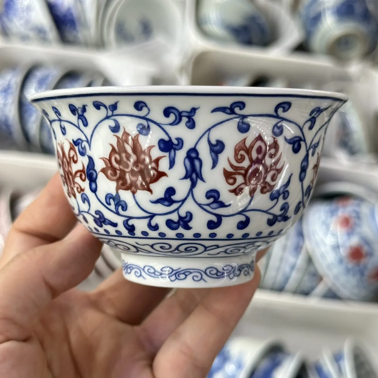 New Cup Single Cup Jingdezhen Antique Yongle Interlock Branch Pressure Bottle Blue and White Glazed Red Porcelain Tea Cup
