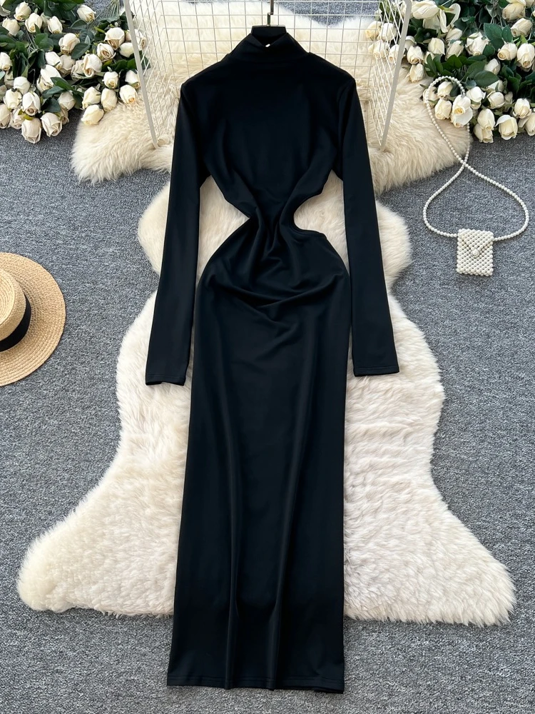 フォームリナ シンプル ブラック ハイネック ワンピース ウエストカットアウト スリム 長袖 ボディコン マキシ丈ワンピース レディース セクシー イブニング パーティー ガウン