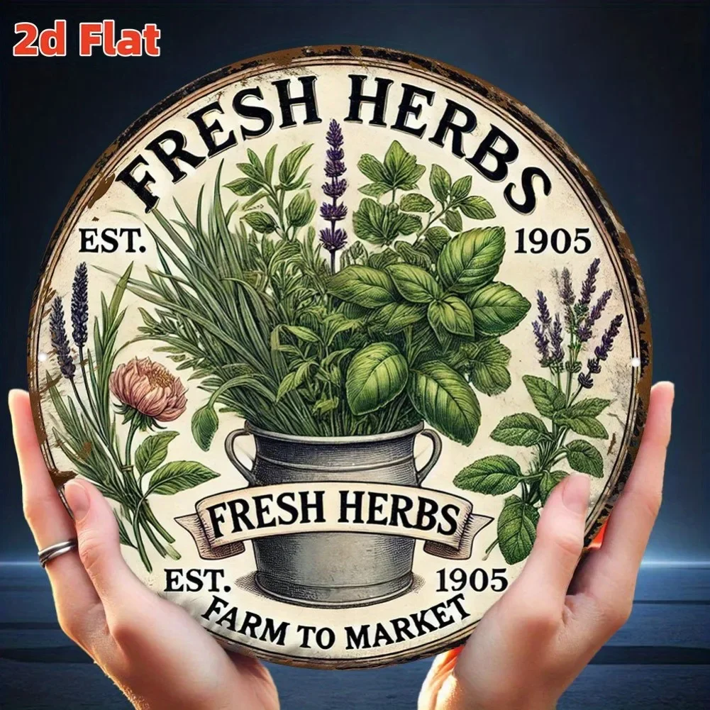 Vintage Fresh Herbs Round Metal Tin Sign,Retro Aluminum Wall Plaque Decor for Farmhouse Kitchen Garden Home Wall Art Decoration