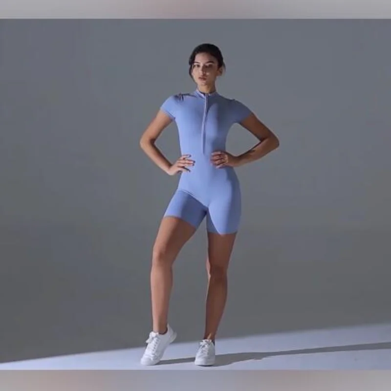 

Сексуальный цветной облегающий комбинезон для йоги и танцев с молнией, коротким рукавом, высокой талией, из полиэстера