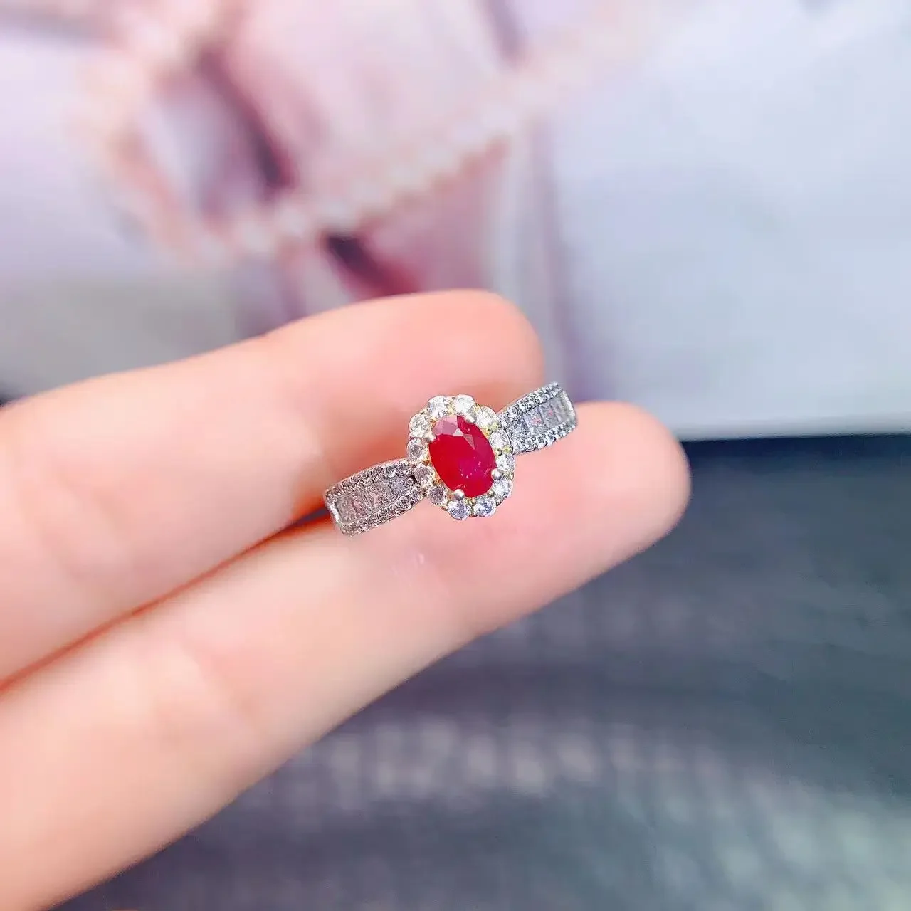 Nnatural Ruby Jewelry Gift for Woman Natural Myanmar Ruby 4mm*6mm 925 Silver  Ring for Office Woman 3 Layers 18K Gold Plating